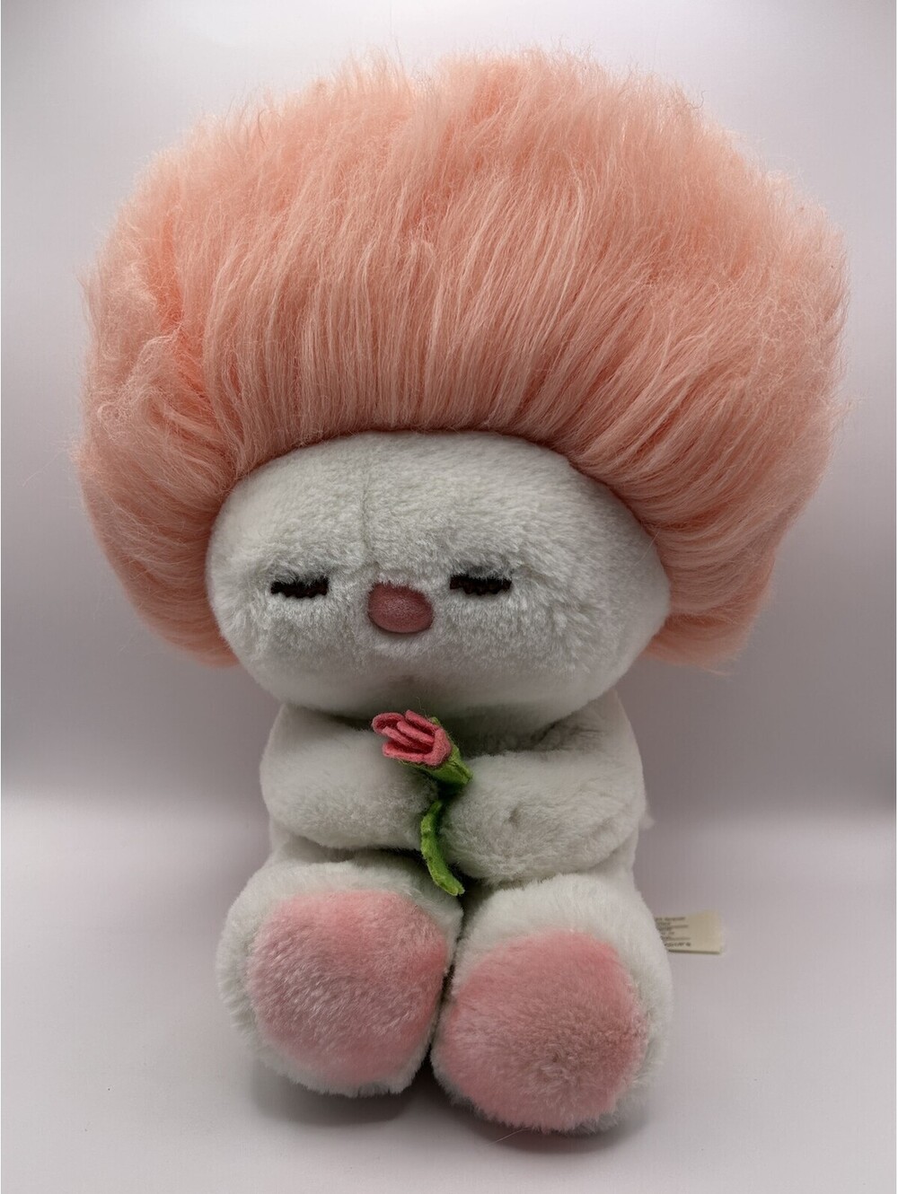 Vintage White Plush Pink Hair Holding Flower M-330 Korea